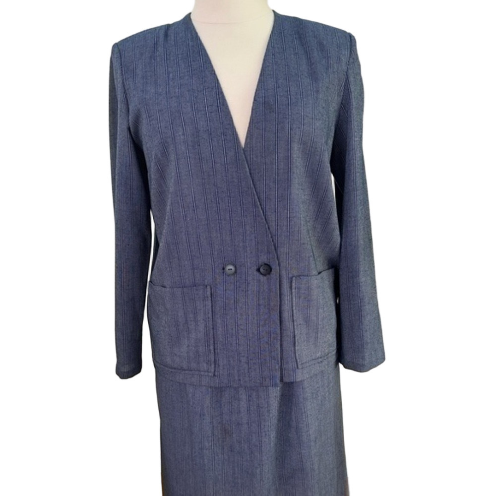 Professionally made, navy and gray striped 2-piece jacket/skirt.